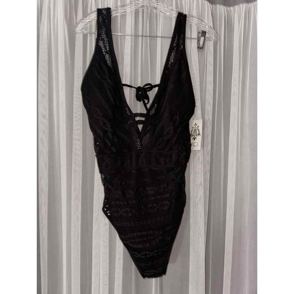 Black Mesh Lace-Up One-Piece Swimsuit With Removable Cups XXL - Picture 11 of 15
